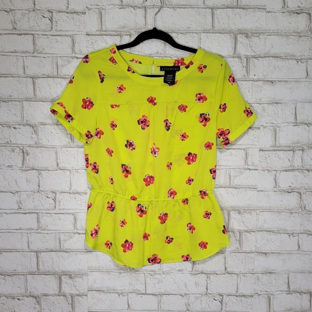 attention bright yellow floral blouse